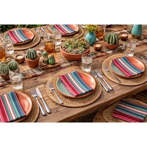 Vintage Striped Cloth Napkins Set of 7 Pink Teal Blue Ikat Boho 16x16.5 Western